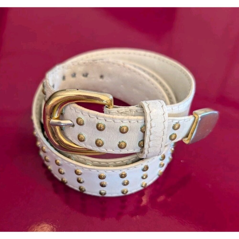 Vintage Escada White Studded Leather Belt with Gold Buckle - Size EU 36